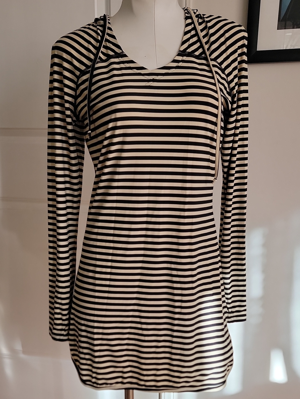 Coolibar Seacoast Striped Hooded Swim Cover Up Sun Dress UPF 50+ Cream Black XXS